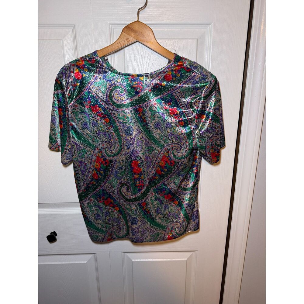 Vintage Laura Winston Paisley Floral Satin Blouse Women's Large 21" PTP
